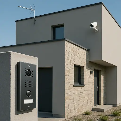 Casa con portero automático, antena y camara cctv instalado por nosotros con el servicio de antenista lleida